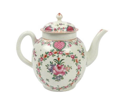 A LOWESTOFT PORCELAIN TEAPOT. decorated in the Curtis style with polychrome floral sprays and puce scale cartouches, 19cm wid