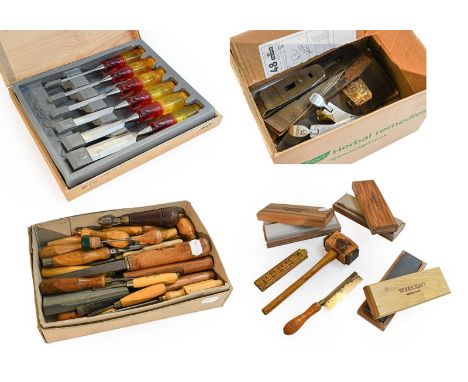 Various Woodworking Tools including three boxed sharpening stones, small woodcarving tools, chisels and others including a se