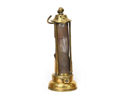 Naylor Mining Lamp with three pillars and two piece gauze over full length, with grub screw lock, top has been highly polishe