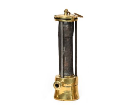 Davy Mining Safety Lamp with three pillars and two part gauze over full length, stamped '33' to base 9 1/4'', 24cm high