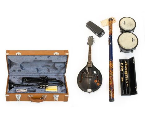 Various Instruments including Trumpet black finish (cased) Flute black finish with gold keys (cased) electric mandolin marked