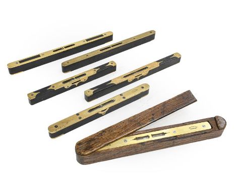 Spirit Levels six brass and ebony examples including R Browning (Glasgow), Mathieson (Glasgow) 92C, F Randall/N Walsham (case