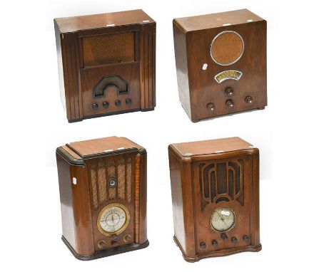 Four Uncommon Superhet Wireless Receivers: A Fergusson type 378AC with circular dial, shaped front; an Aerodyne Radio Ltd typ