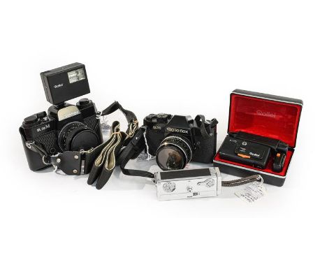 Rolleiflex SL35M Camera with HFT Planar f1.8 50mm lens; together with SL35, Rollei 16 and Rollei A110 (worn, in display case)
