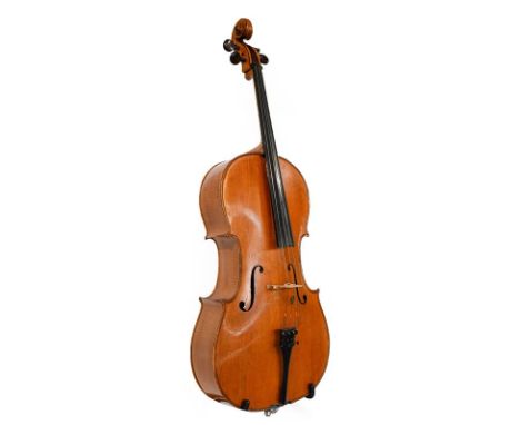 Cello 29 7/8'' two piece back, labelled 'Manufactured in Berlin Special Copy of Antonius Stradivarius' with letter 'L' in lau