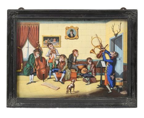 A Very Fine, Early And Large Colour-Lithograph Monkey Chamber Orchestra Musical Automaton Picture, French, circa 1860, The ea