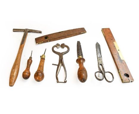 Various Tools including two Rabone wooden spirit level, two bradawls, hammer and a few others