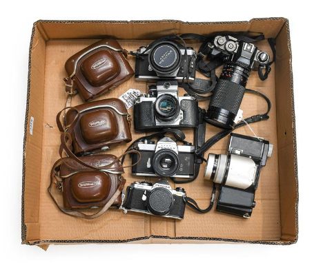 Various Cameras including Voigtlander: Vito C and Vitoret; Pentax: Spotmatic, H2, SL and ME; Chinon CG5; Fotochrome; and Koda