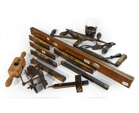 Various Woodworking Tools including various brass faced spirit levels (one 32 1/2'' long) three draw knives, Marples scribe, 