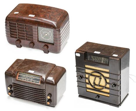 Bakelite-Cased Wireless Receivers: A French Oradyne 1930s set, with spark-strike speaker fret and stamp; a Philco type B2810 