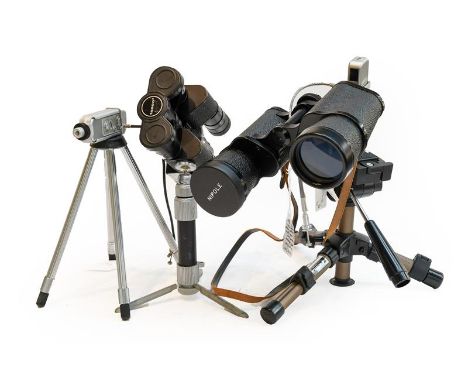 Minox A Subminature Camera with binocular clamp and Charles Frank 10x50 binoculars; Minox camera on tripod and Tasco binocula