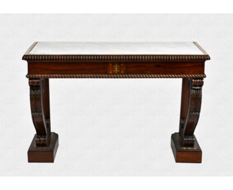 A William IV rosewood and marble console table, the inset white and grey marble top with bevelled edge, over a reel and rope 