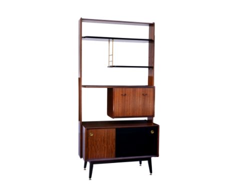 A G-plan teak and black lacquered room divider by Ernest Gomme, 1960s, the open back with single shelf over an adjustable par