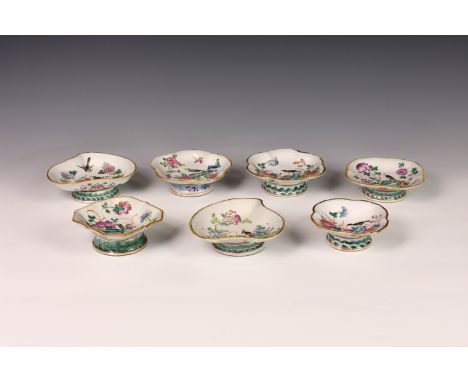 A matched set of Chinese Famille Rose porcelain footed dishes, each with Tongzhi (1862-1874) seal marks to bases, probably of