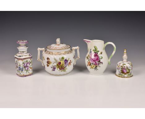 A small collection of Continental porcelain, comprising a Meissen floral decorated milk jug, with flower bud spout and stalk 