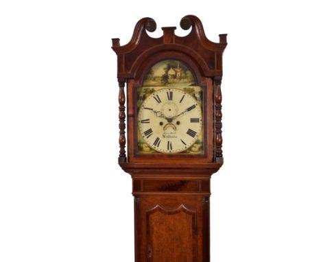 A George III Derbyshire oak and mahogany longcase clock, the 8 day bell strike movement fronted by a painted arched dial with