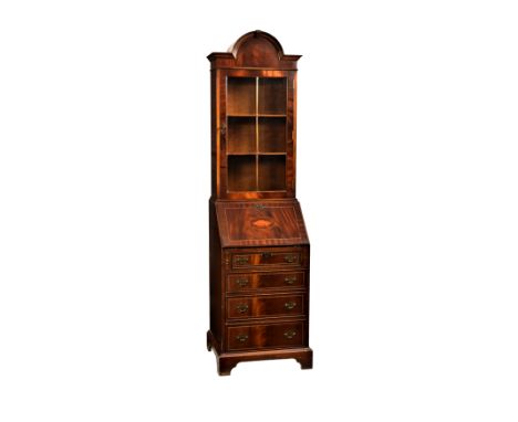 A reproduction George III style inlaid mahogany bureau bookcase, of small proportions, the broken arched top over a single 6 