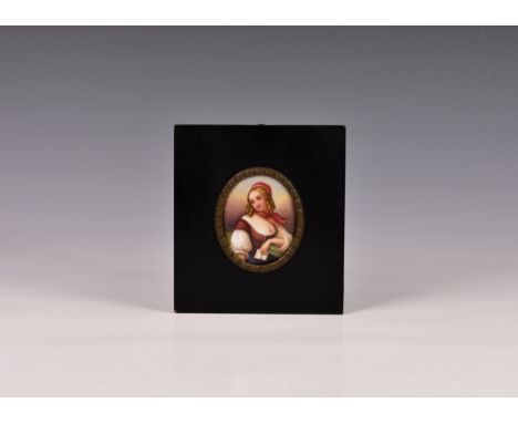 Continental School - a portrait miniature of a lady, hand painted oil on porcelain, three quarter length, oval in dark wood r