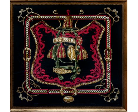 A vintage Hermes silk scarf, marked 'Bride de Cour, Hermes Paris', by Cathy Latham, in red and gold on a black ground, 33¼ x 
