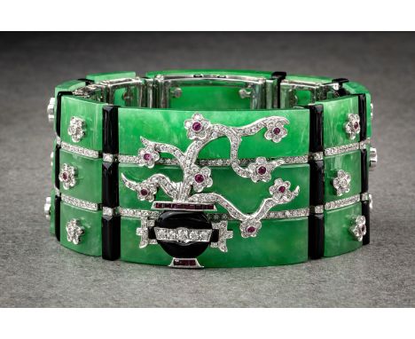 A striking Chinese style 18ct white gold, green jade, onyx, ruby and diamond cuff bracelet by Bastianello Arte of Venice, sig