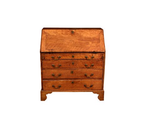 A George III satin walnut bureau, the fitted interior with six drawers below a row of eight pigeonholes, over four graduated 
