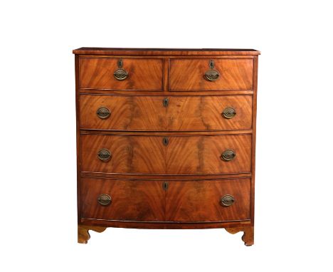 A mid-19th century cross banded mahogany bowfront chest, alterations, the well figured top over two short and three long grad