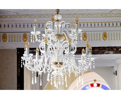 Four Venetian style cut glass and gilt two tier fifteen light chandeliers, second half 20th century, with barleytwist scroll 