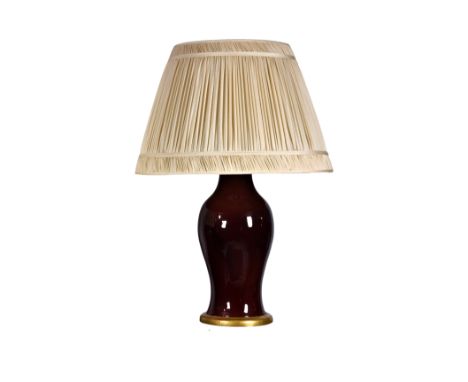 A Chinese style flambé glazed baluster vase lamp, late 20th century, with gilt wood base and pleated ivory silk shade, the va