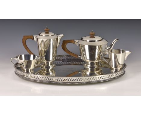 A vintage George VI silver Art Deco style four piece tea and coffee service, Edward Barnard &amp; Sons Ltd, London 1945, cons