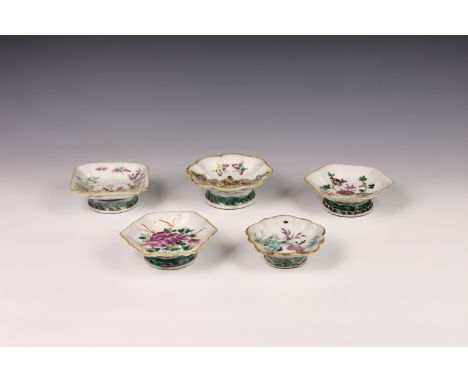 Five Chinese famille rose porcelain footed dishes, each with Tongzhi (1862-1874) seal marks to bases, probably of the period,