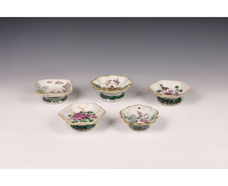 Five Chinese famille rose porcelain footed dishes, each with Tongzhi (1862-1874) seal marks to bases, probably of the period,