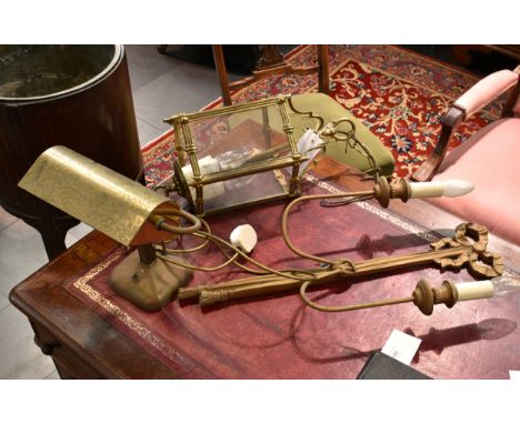 A hexagonal brass hall lantern, together with a gilt painted wooden twin branch wall light; and a brass desk lamp. (3) 