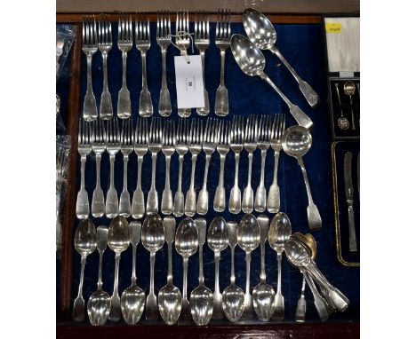 A harlequin set of 18th and 19th century silver fiddle pattern flatware, comprising two Georgian table spoons by Hyam Hyams, 