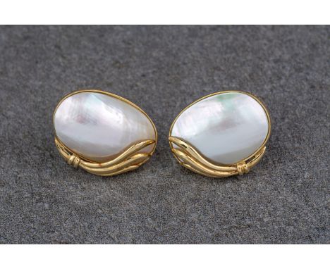 A pair of vintage 14ct gold and mabé pearl earrings, each pearl measuring 21x14mm and suspended in a rubover setting with orn