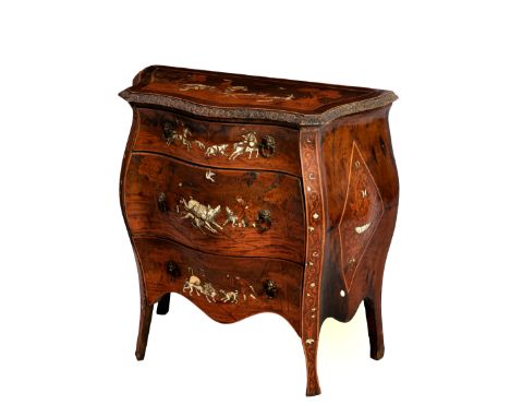 An early 19th century Italian bombe commode, of small proportions, the top and drawers decorated with marquetry depicting wil