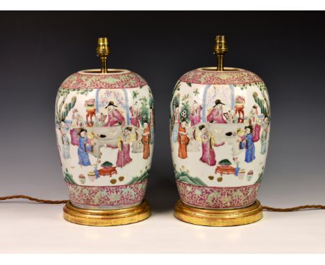 A pair of antique Chinese porcelain famille rose vases, converted to lamps, late 18th / early 19th century, of ovoid form, pa