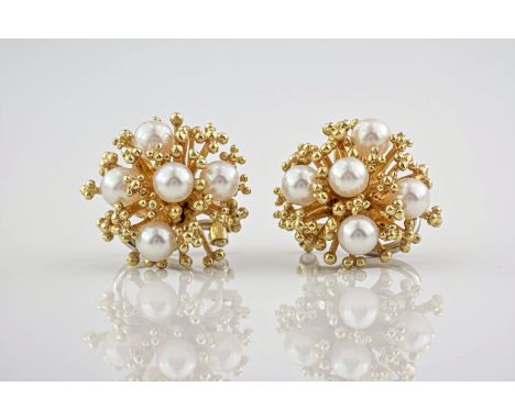 A pair of 1970s pearl cluster earrings, each with 5mm diameter pearls set into 9ct yellow gold moulded into a coral like desi