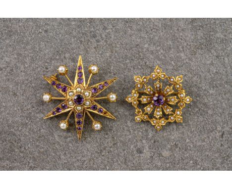 A pair of 9ct gold, amethyst and seed pearl brooches, one of starburst design with alternating spokes of seed pearls and amet