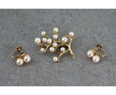 A 9ct yellow gold and cultured pearl brooch in branch form; together with a pair of 9ct yellow gold and twin cultured pearl e