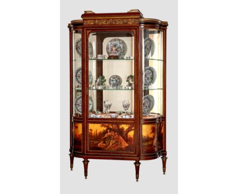 An English mahogany, ormolu and vernis martin break serpentine front vitrine, late 19th century, the three-quarter pierced br