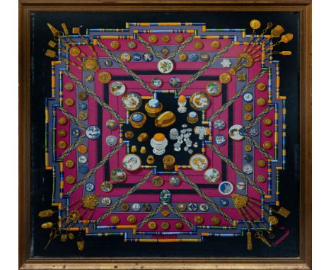 A vintage Hermes silk scarf, marked 'Hermes, Paris' and 'Petite Main', the design by Cathy Latham, depicting sewing accoutrem