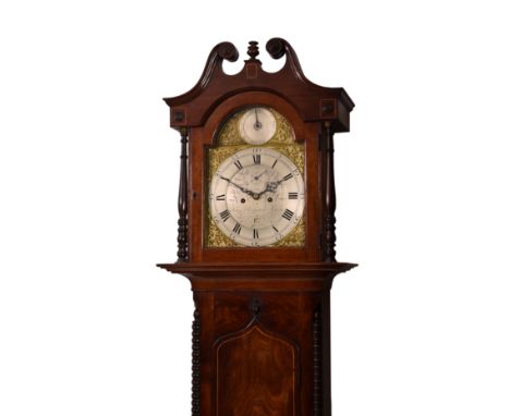 An early 19th century Jersey mahogany longcase clock by Louis Poignand, the eight day movement striking the hours on a bell, 