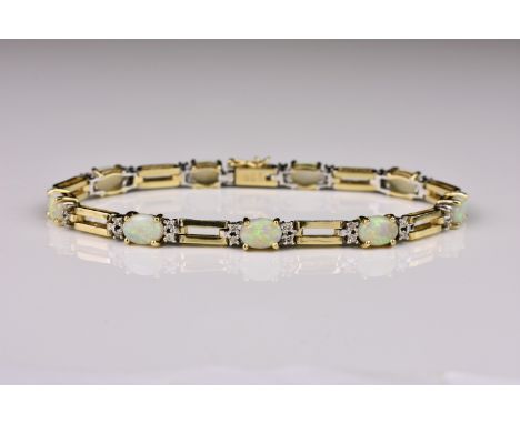 A 14ct yellow gold, cabochon opal and diamond bracelet, with four round cut diamonds to the sides of each opal and gate detai