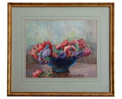 Lucienne Bisson (French, 1880-1939), Dahlias in a blue bowl. watercolour, signed lower right. 14¼ x 17¼in. (36.2 x 43.8cm.). 