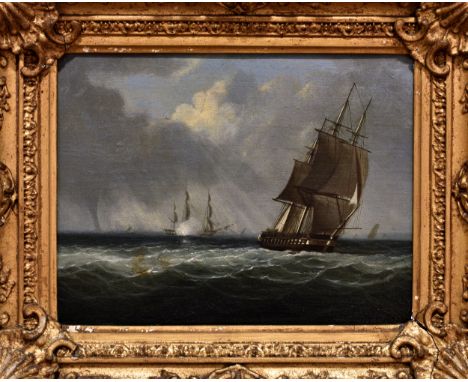 Attributed to Thomas Lyde Hornbrook (English, 1780-1850), 'An English frigate engaging the French' . oil on panel . 8¼ x 11in