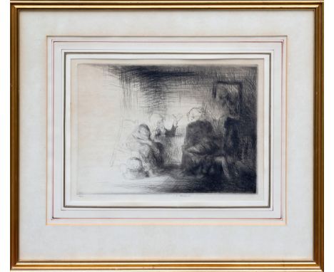 Edmund Blampied R.E. (Jersey, 1886-1966), "Village News", drypoint etching, signed "Blampied Jan. 1931" at foot of plate, rig