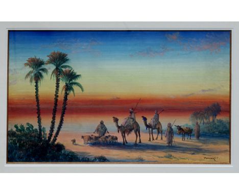 Vincent Manago (French, 1880-1936), The oasis at sunset - North Africa possibly Morocco. watercolour, signed 'Manago. V.' low
