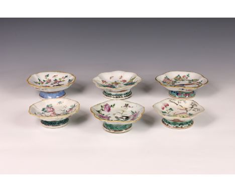 A matched set of six Chinese famille rose porcelain footed dishes, each with Tongzhi (1862-1874) seal marks to bases, probabl