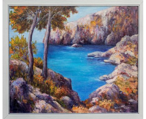 M. Galbe (early 21st century), Mediterranean coast. oil on canvas, signed "M. Galbe" lower right and signed on the back of th