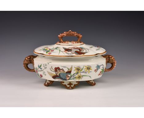 An Aesthetic Movement Kerr &amp; Binn for Royal Worcester porcelain exotic bird and elephant tureen and cover, 19th century, 